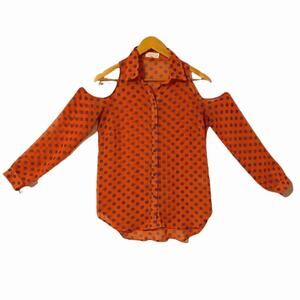 Orange Polka Dot Blouse Cold Shoulder Button Down Sz Small Chiffon Love Tree